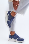 Sneakersy Damskie Na Platformie Z Ażurowym Wzorem I Brokatem INBLU IN000372 Niebieskie