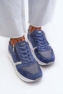 Sneakersy Damskie Na Platformie Z Ażurowym Wzorem I Brokatem INBLU IN000372 Niebieskie
